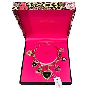 Ed Hardy Charm Bracelet Watch Heart Charms Gold Tone w/ Tattoo Art Gift Box NWT